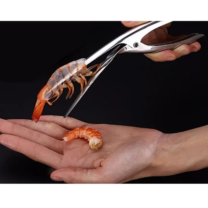 Stainless Steel Shrimp & Prawn Peeler Tool in use, demonstrating shrimp peeling technique.