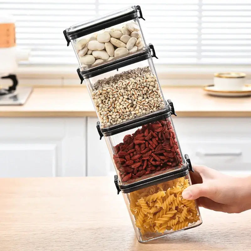 Stacked Sealed Kitchen Storage Jars Set filled with various ingredients on a kitchen countertop.