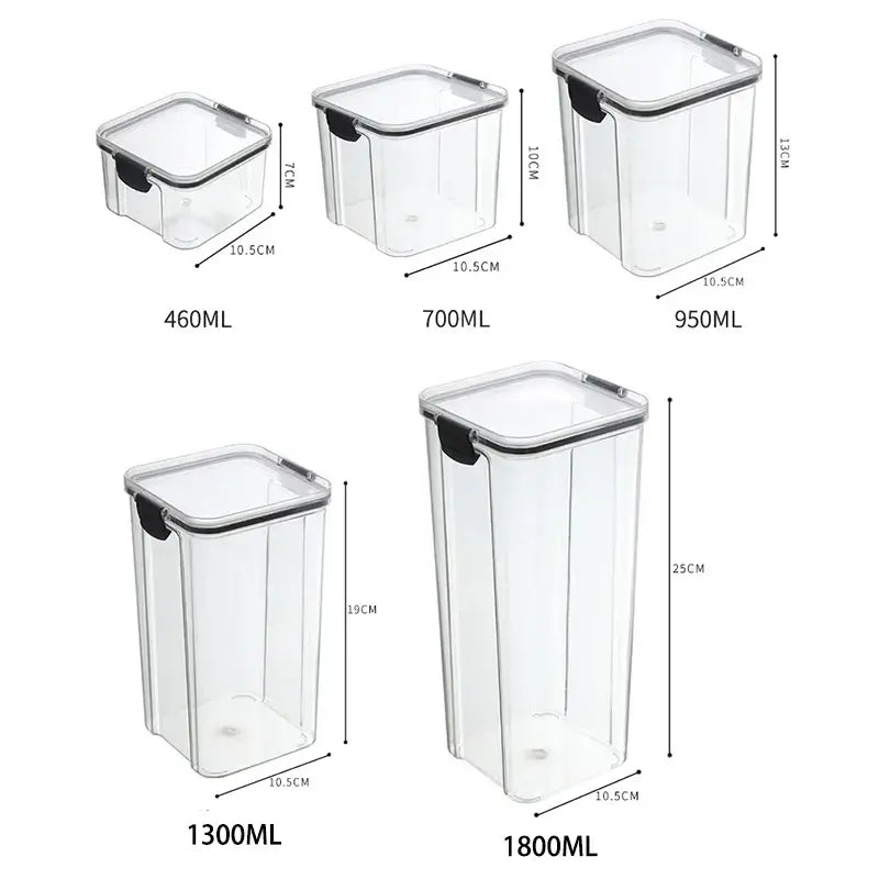 Sealed Kitchen Storage Jars Set showcasing five sizes: 460ML, 700ML, 950ML, 1300ML, 1800ML with clear design.