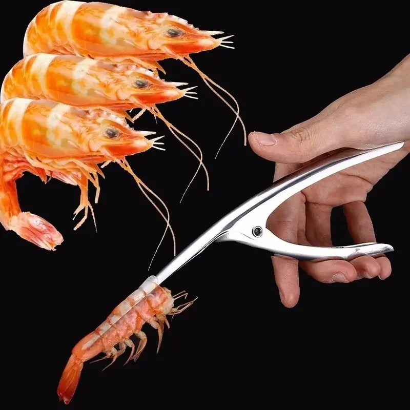 Stainless Steel Shrimp & Prawn Peeler Tool in use, showcasing ergonomic design and effectiveness on shrimp.