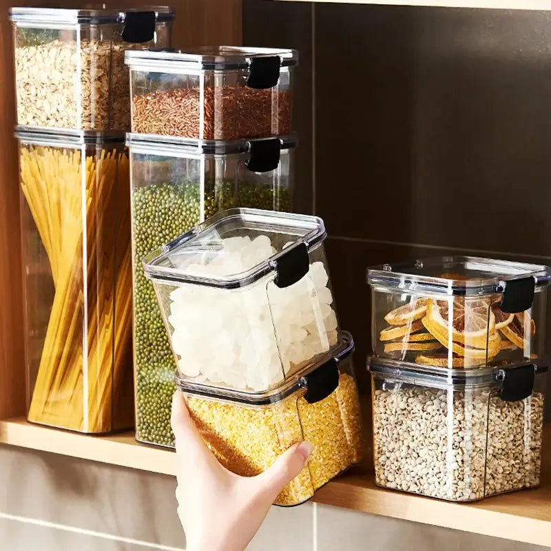 Sealed Kitchen Storage Jars Set storing various ingredients on a kitchen shelf for organized food storage.