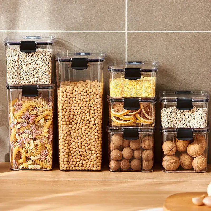 Sealed Kitchen Storage Jars Set showcasing various dry food items in stylish acrylic containers.