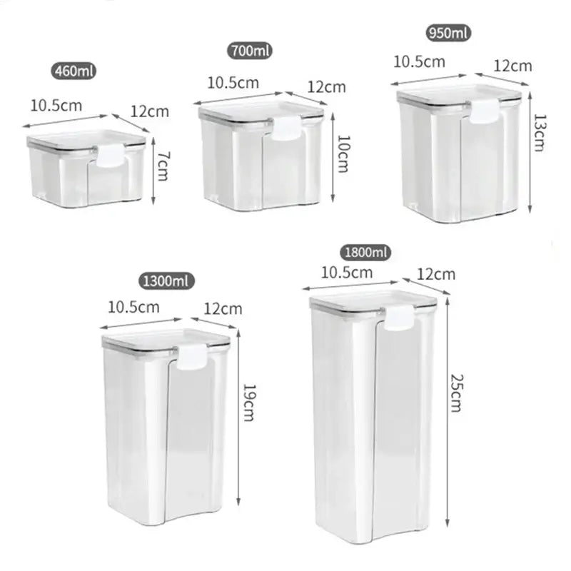 Sealed Kitchen Storage Jars Set showcasing five sizes: 460ML, 700ML, 950ML, 1300ML, and 1800ML with dimensions.